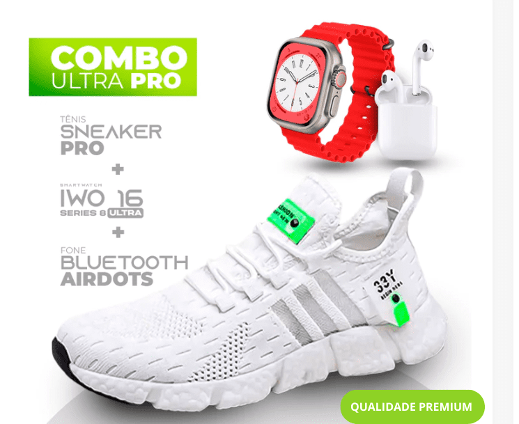 Combo Ultra Pro 3 em 1 -  TÊNIS SNEAKER PRO + SMARTWATCH IWO SERIES 8 ULTRA + FONE BLUETOOTH PRO