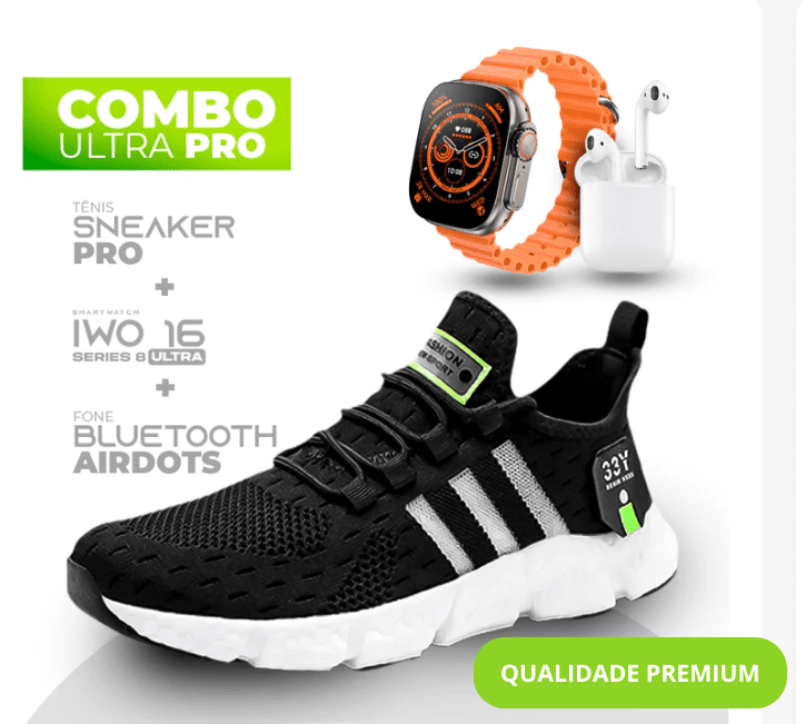 Combo Ultra Pro 3 em 1 -  TÊNIS SNEAKER PRO + SMARTWATCH IWO SERIES 8 ULTRA + FONE BLUETOOTH PRO