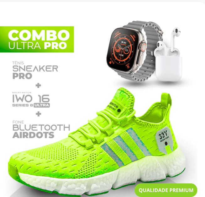 Combo Ultra Pro 3 em 1 -  TÊNIS SNEAKER PRO + SMARTWATCH IWO SERIES 8 ULTRA + FONE BLUETOOTH PRO