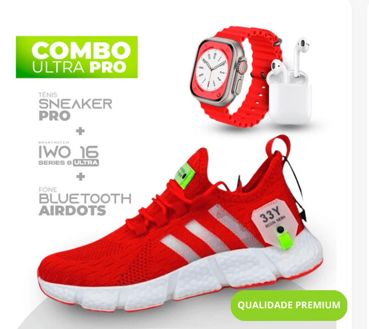 Combo Ultra Pro 3 em 1 -  TÊNIS SNEAKER PRO + SMARTWATCH IWO SERIES 8 ULTRA + FONE BLUETOOTH PRO